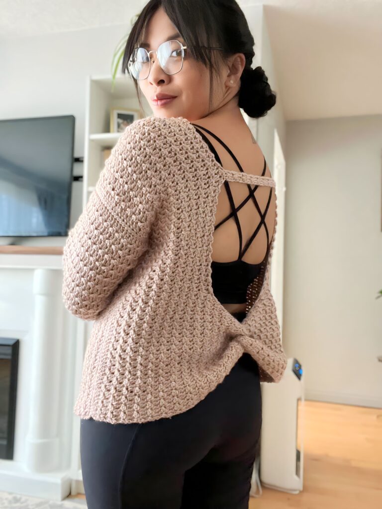crochet sweater with an open back